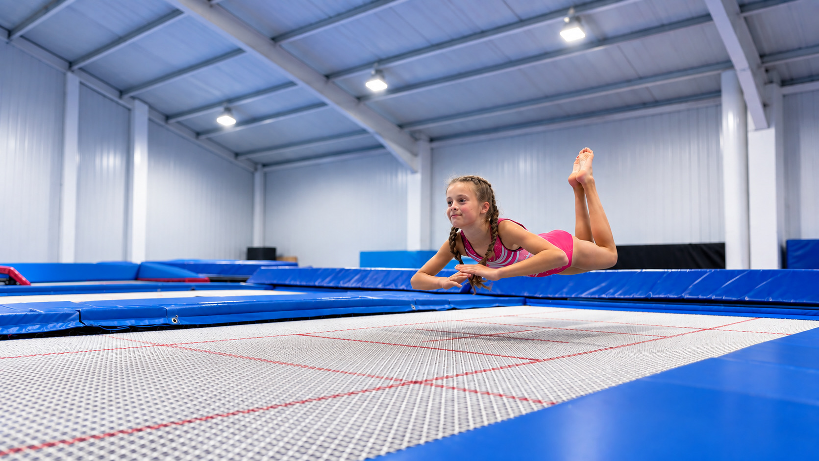React TGC member mid-bounce on a competition trampoline