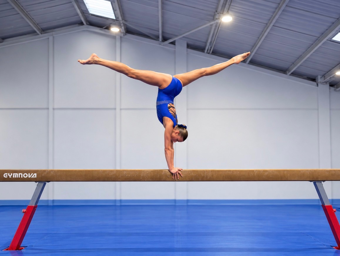 Adult gymnast performing a handstand split on the balance beam at React TGC Hereford